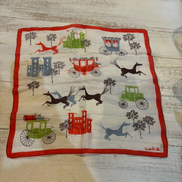 Kimball Pat Prichard Designer Hanky‎ Horses Carriages Castles Original Vintage - Picture 2 of 7